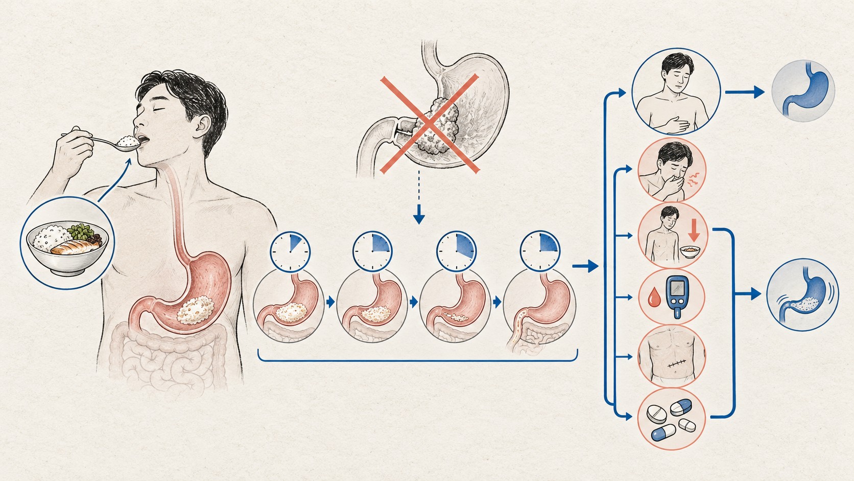 표준 식사 뒤 위 내용물의 시간별 이동과 위배출검사 판단 단서를 보여 주는 의료 일러스트