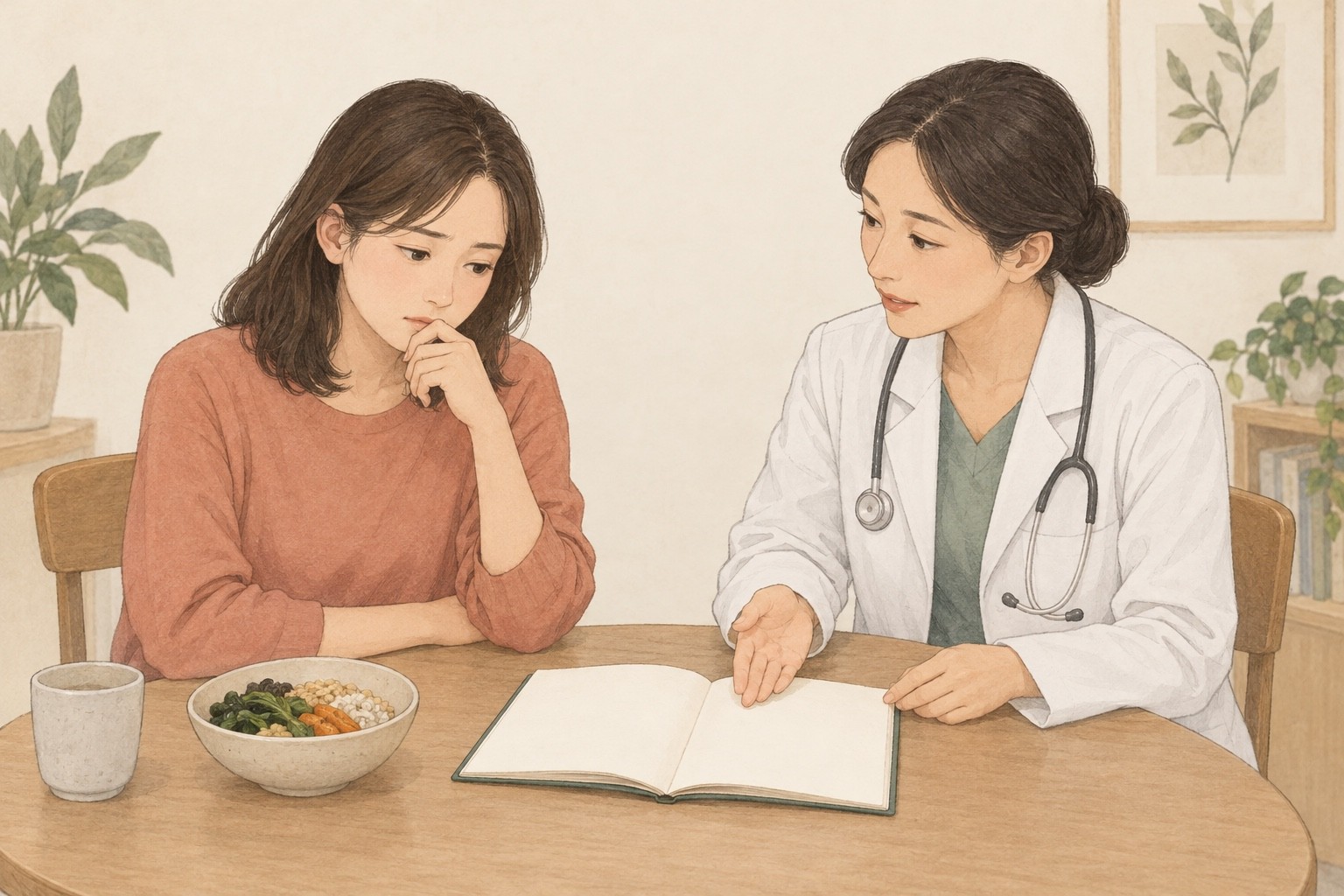식단을 시험해도 불편이 남은 성인이 의료진과 다음 치료를 상의하는 가상 장면