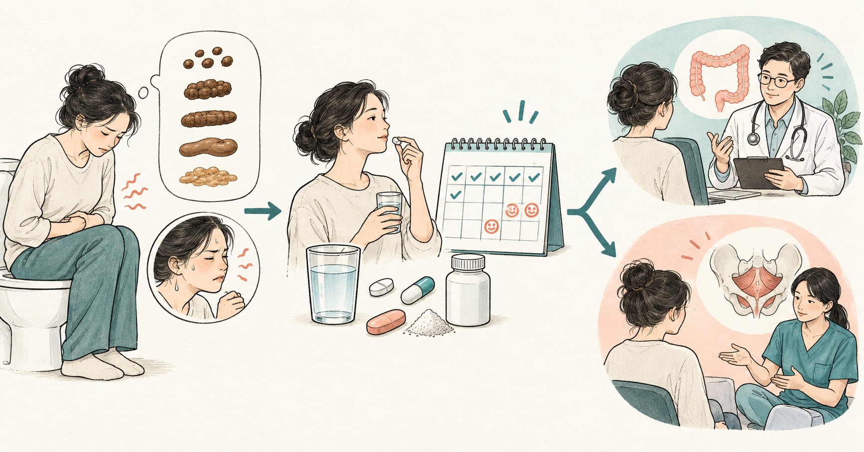 변비 증상과 약물 반응을 기록한 뒤 처방 조정과 배출 기능평가로 나뉘는 판단 흐름