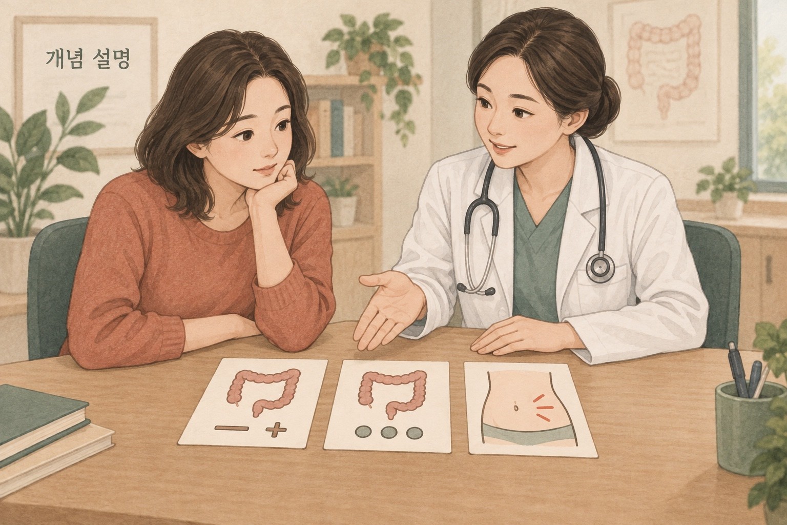 상담 탁자의 왼쪽 −/+ 카드는 시작 전 대비 배변 횟수 변화, 가운데 원 세 개는 주 3회 이상 배변 기준, 오른쪽 배 그림은 복통을 나타냅니다.