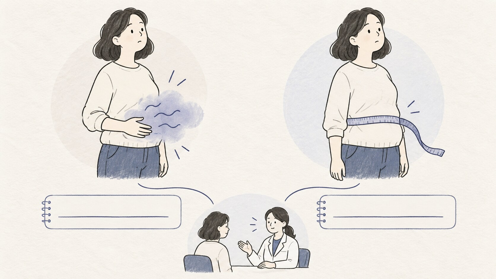 한 사람의 복부 불편감과 눈에 보이는 팽창을 두 장면과 두 기록 줄로 나눈 손그림