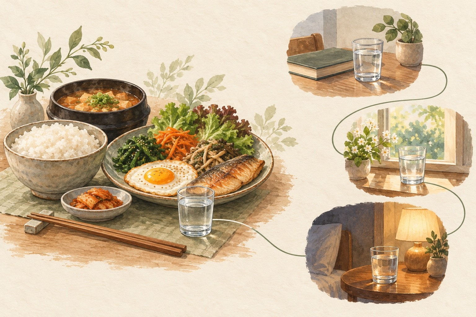 식사 곁의 물과 책상·창가·저녁 탁자에서 나누어 마시는 물을 연결한 그림