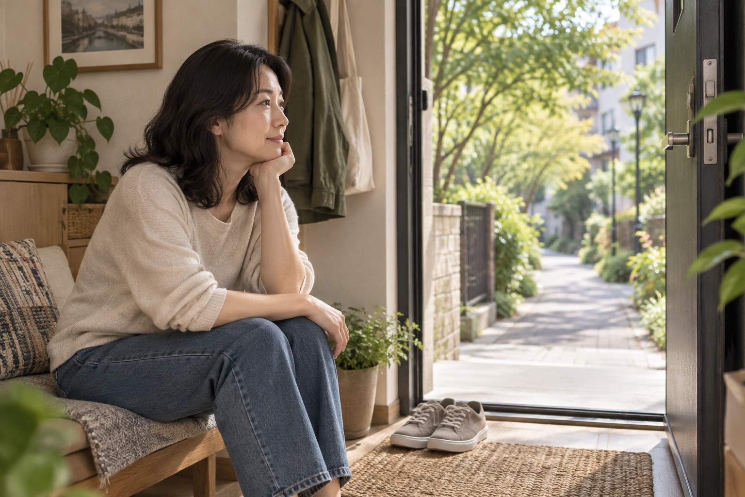 평소 다니던 동네 길을 바라보며 외출을 생각하는 성인과 현관의 일상용 신발
