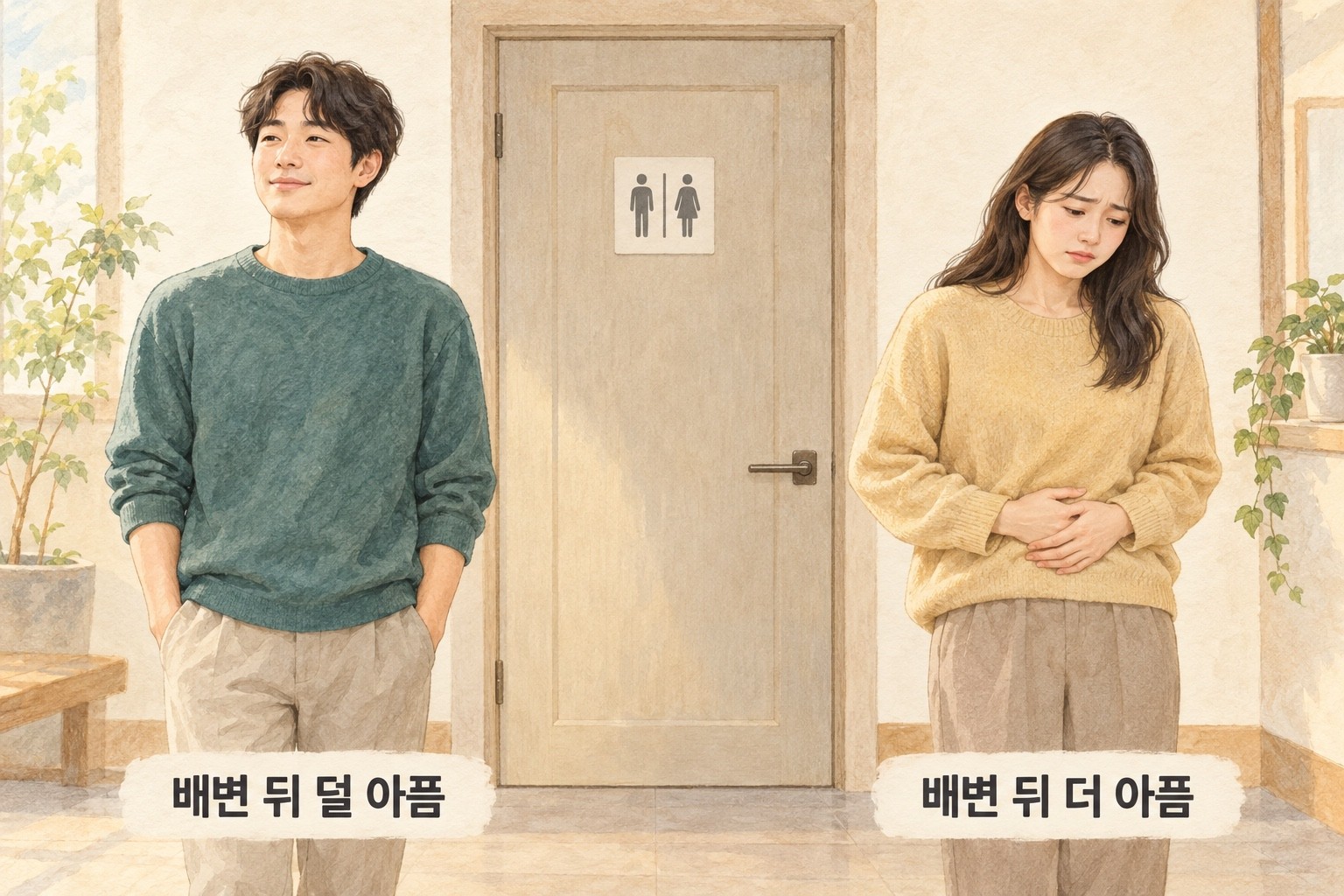 배변 뒤 덜 아픈 모습과 더 아픈 모습을 나란히 보여 주는 그림
