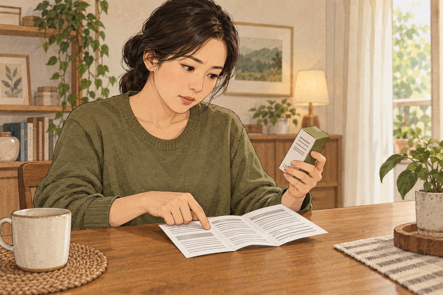 치료 안내와 보충제의 성분표를 비교하며 복용 시작 전에 확인하는 사람의 생성 그림