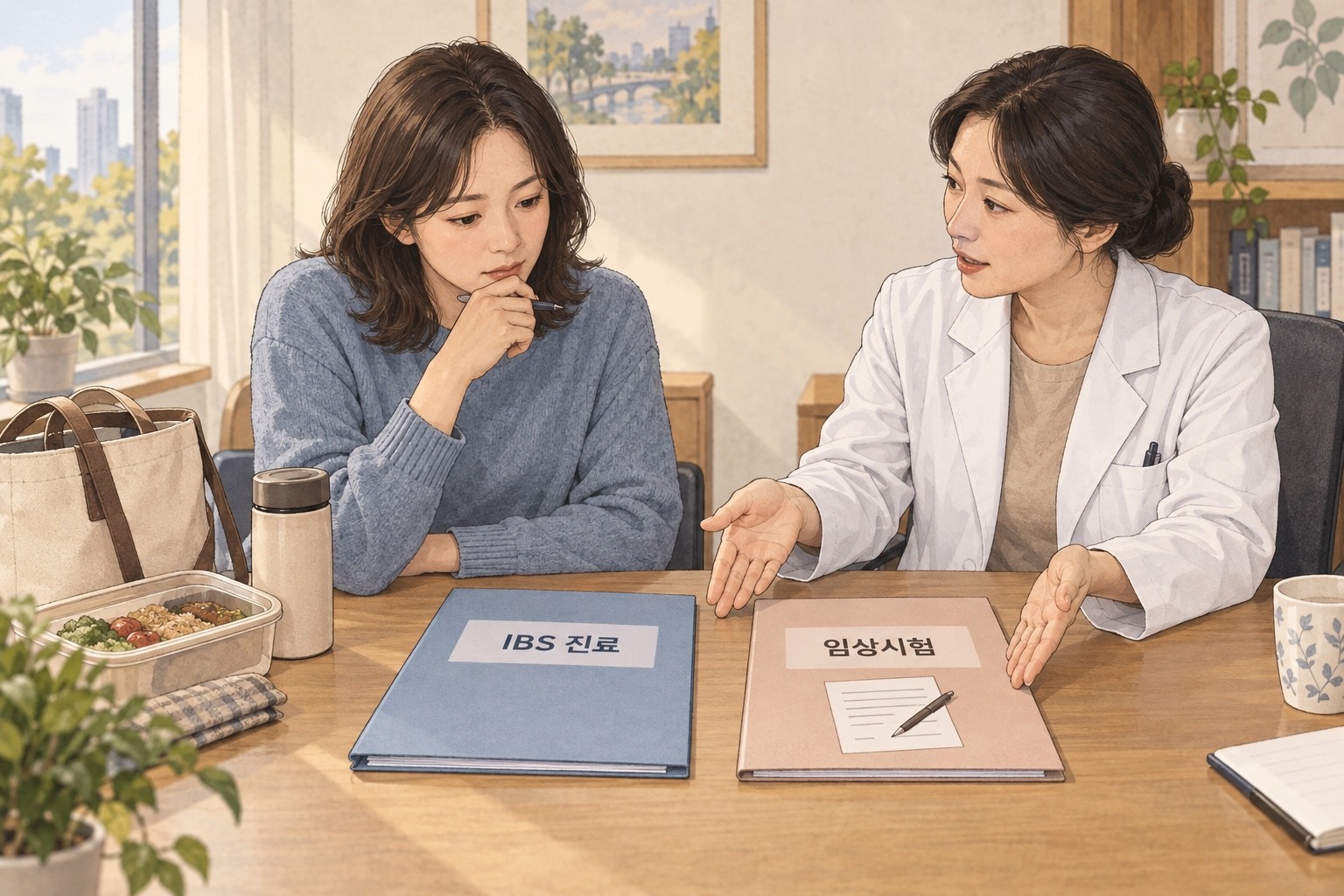 IBS 진료와 임상시험이라고 적힌 서로 다른 서류를 의료진과 함께 확인하는 성인, 옆에는 도시락과 외출 가방이 놓여 있습니다.