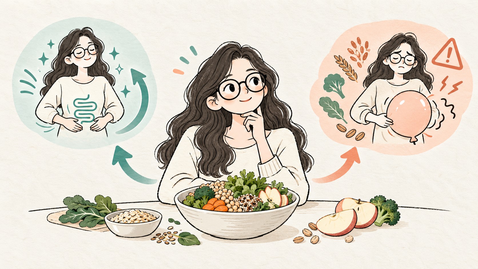 변비 환자가 식이섬유를 늘릴 때 배변 개선과 복부팽만을 비교하며 종류와 양을 조정하는 임상노트 일러스트