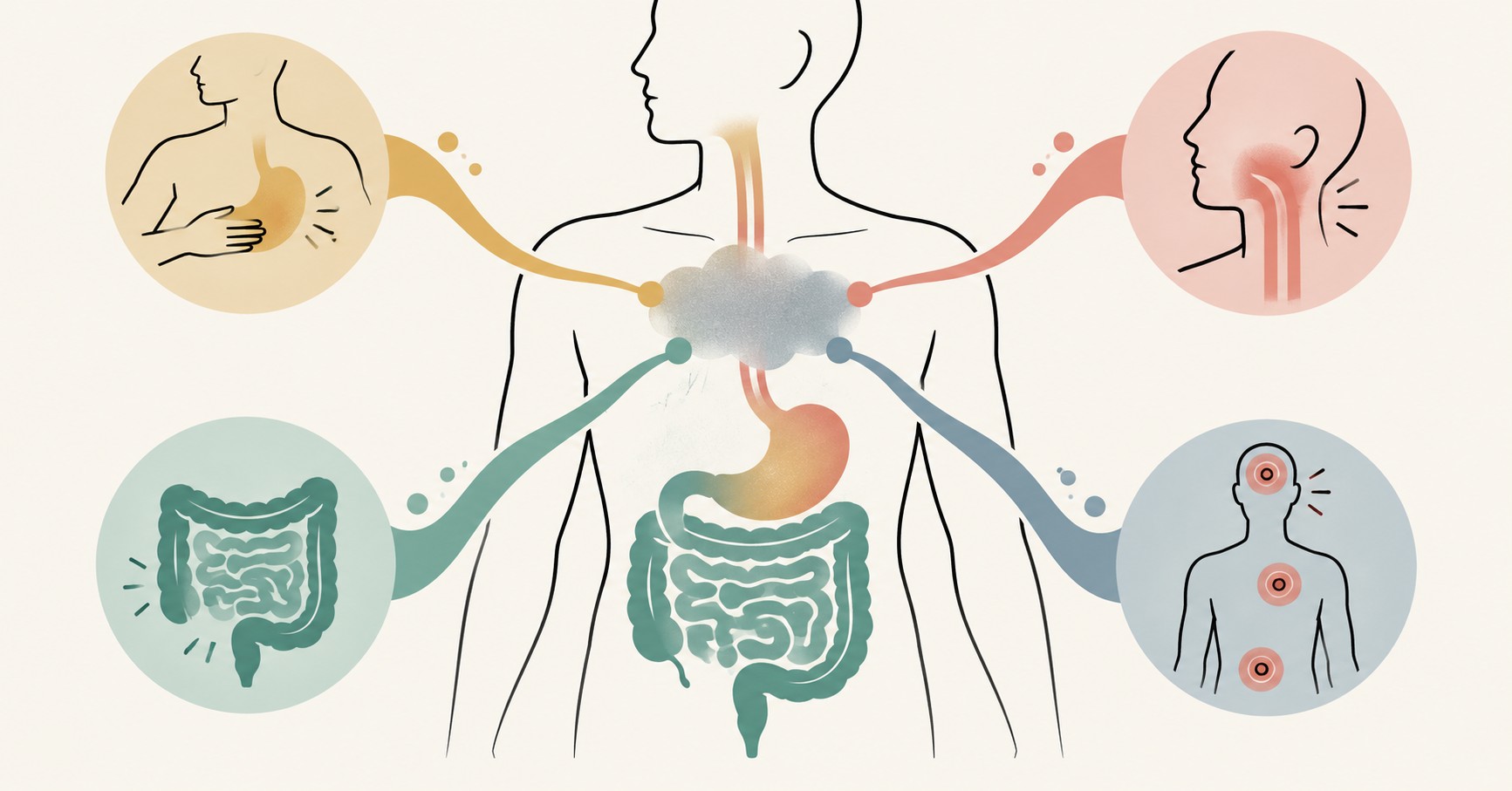 명치의 모호한 회색 구름이 상복부, 역류, 장과 전신 경고의 네 진료 갈래로 나뉘는 추상 일러스트