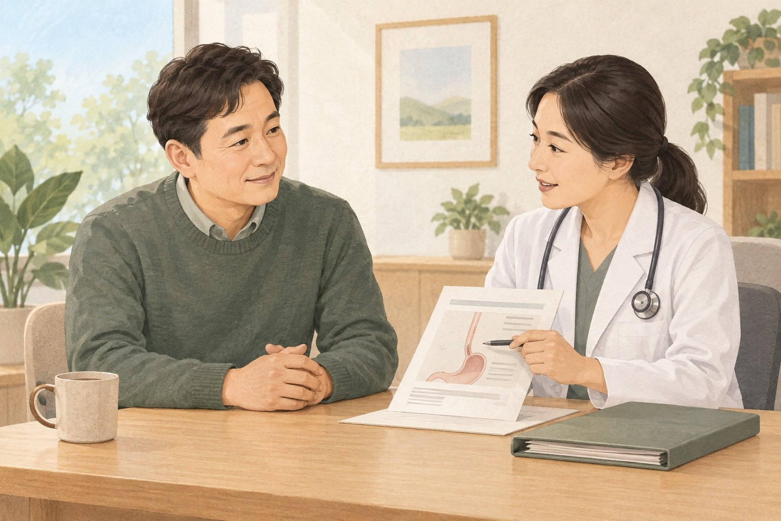 현재 편안한 역류 환자가 의료진과 이전 식도 검사 결과를 함께 확인하는 상담 삽화