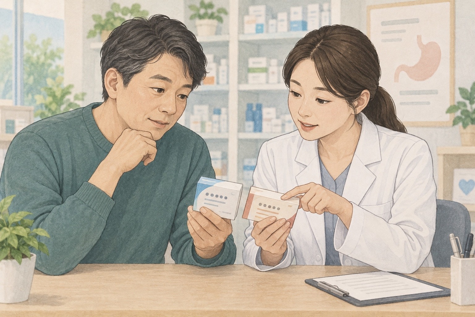 환자와 약사가 두 처방약의 성분명을 함께 확인하는 생성 삽화