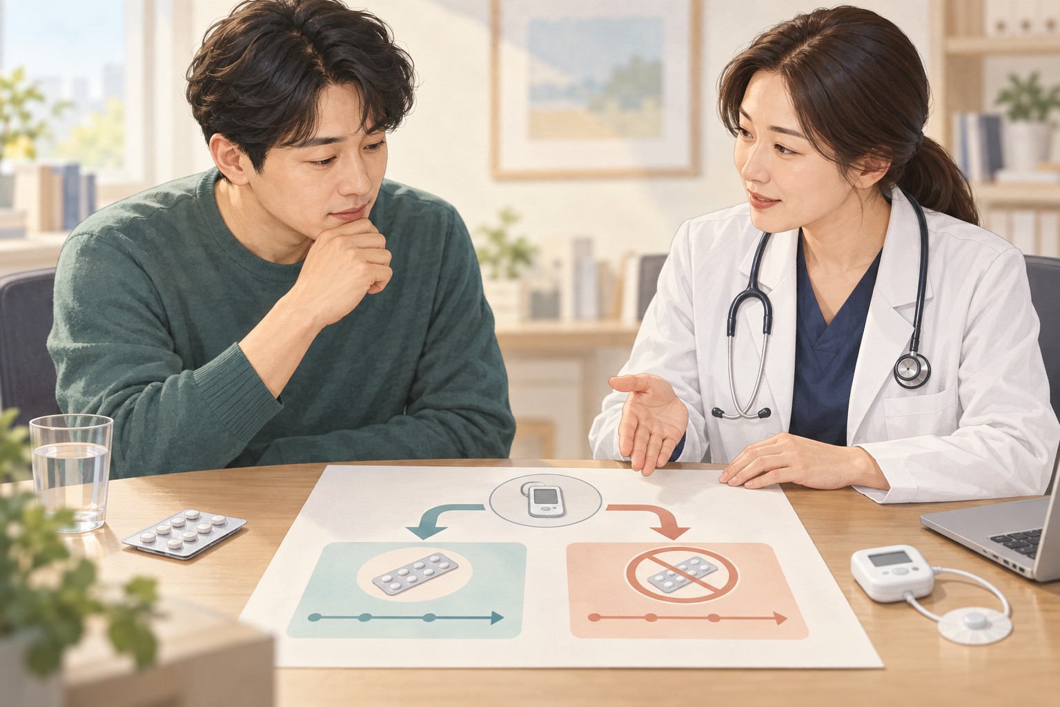 환자와 의료진이 보행성 역류검사 전 위산약 복용과 중단의 두 경로를 함께 확인하는 장면