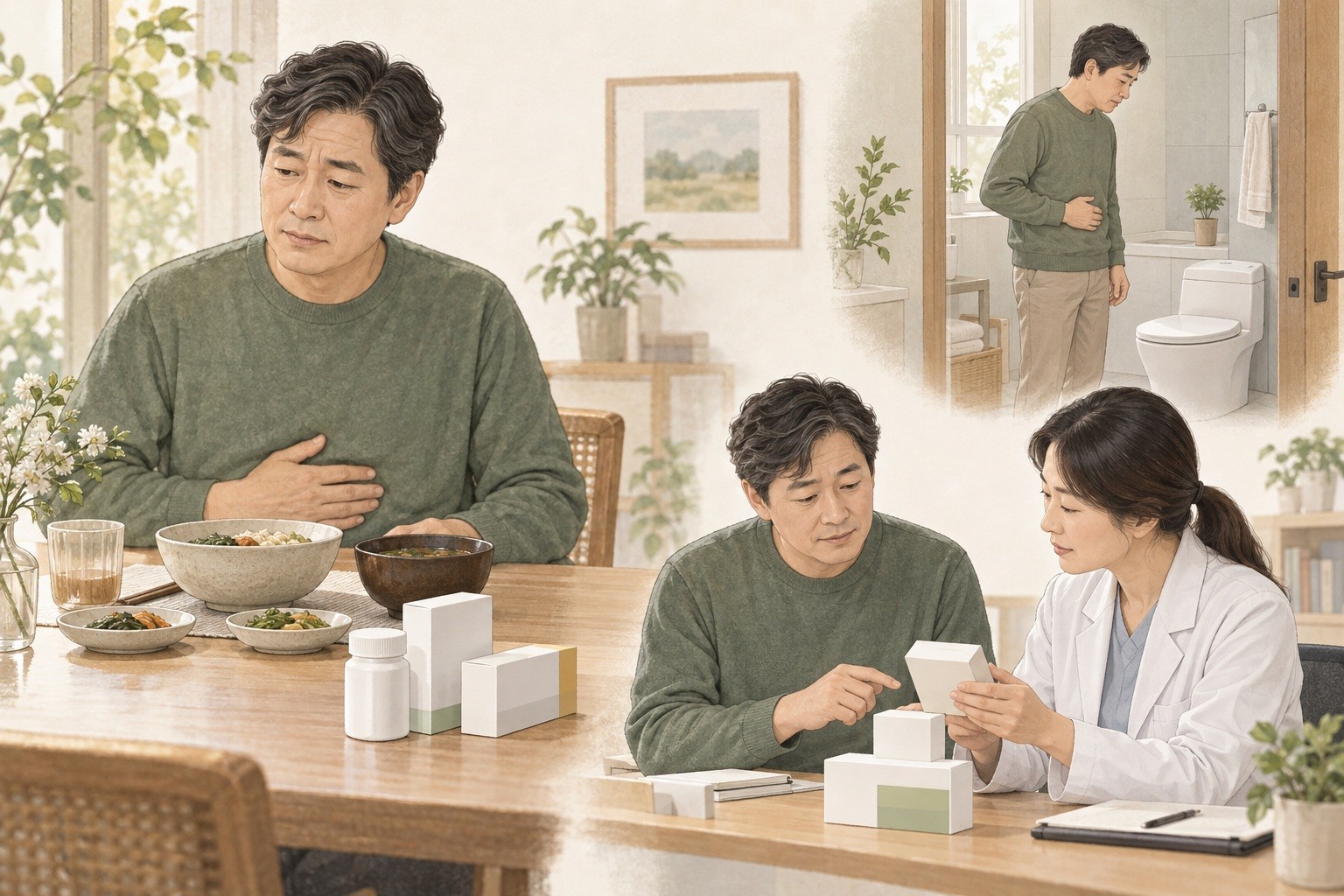 식사 중 명치 불편과 배변 변화를 겪는 사람이 의료진에게 복용 제품을 보여 주는 상담 삽화