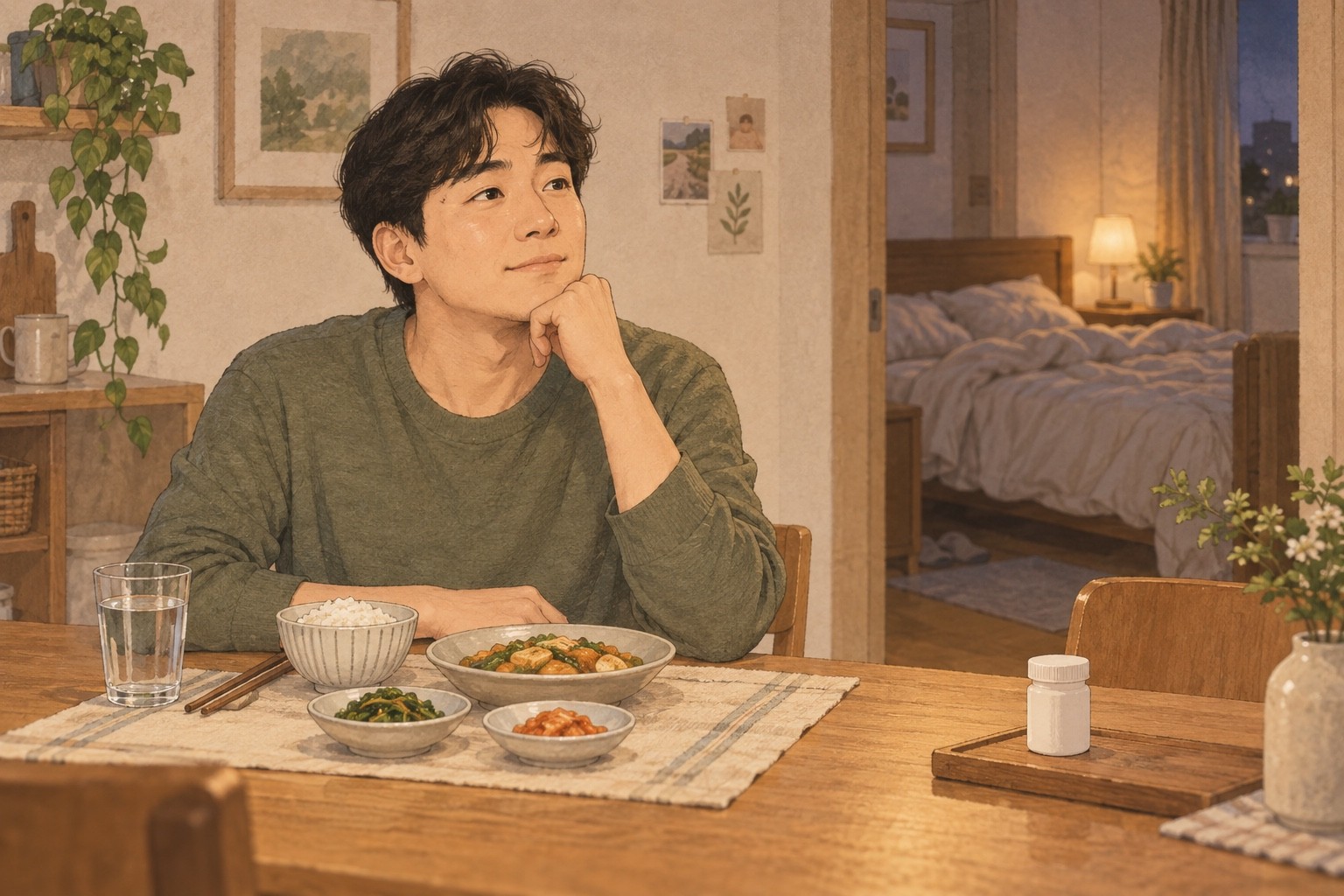 저녁 식탁의 성인과 평범한 식사, 옆에 놓인 무표시 약 용기와 뒤편 침실
