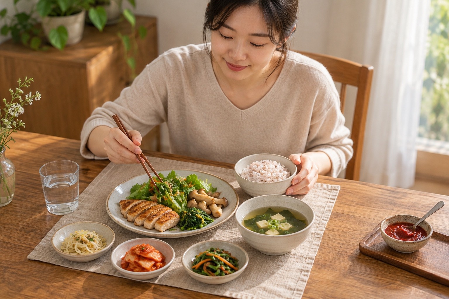 밥과 반찬으로 식사를 이어 가고 매운 양념은 따로 둔 식탁