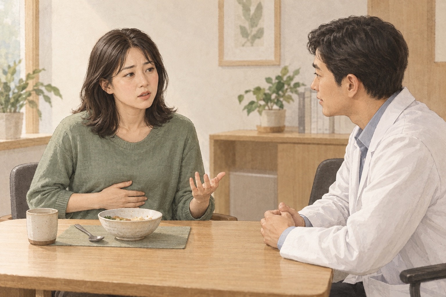 식사 도중 울렁거림 때문에 수저를 내려놓은 사람이 명치의 불편을 진료실에서 설명하는 모습