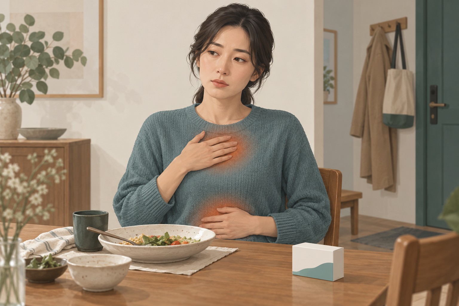 식사를 멈춘 한 사람이 아랫배 복통과 가슴쓰림을 따로 느끼며 새 선택을 망설이는 모습