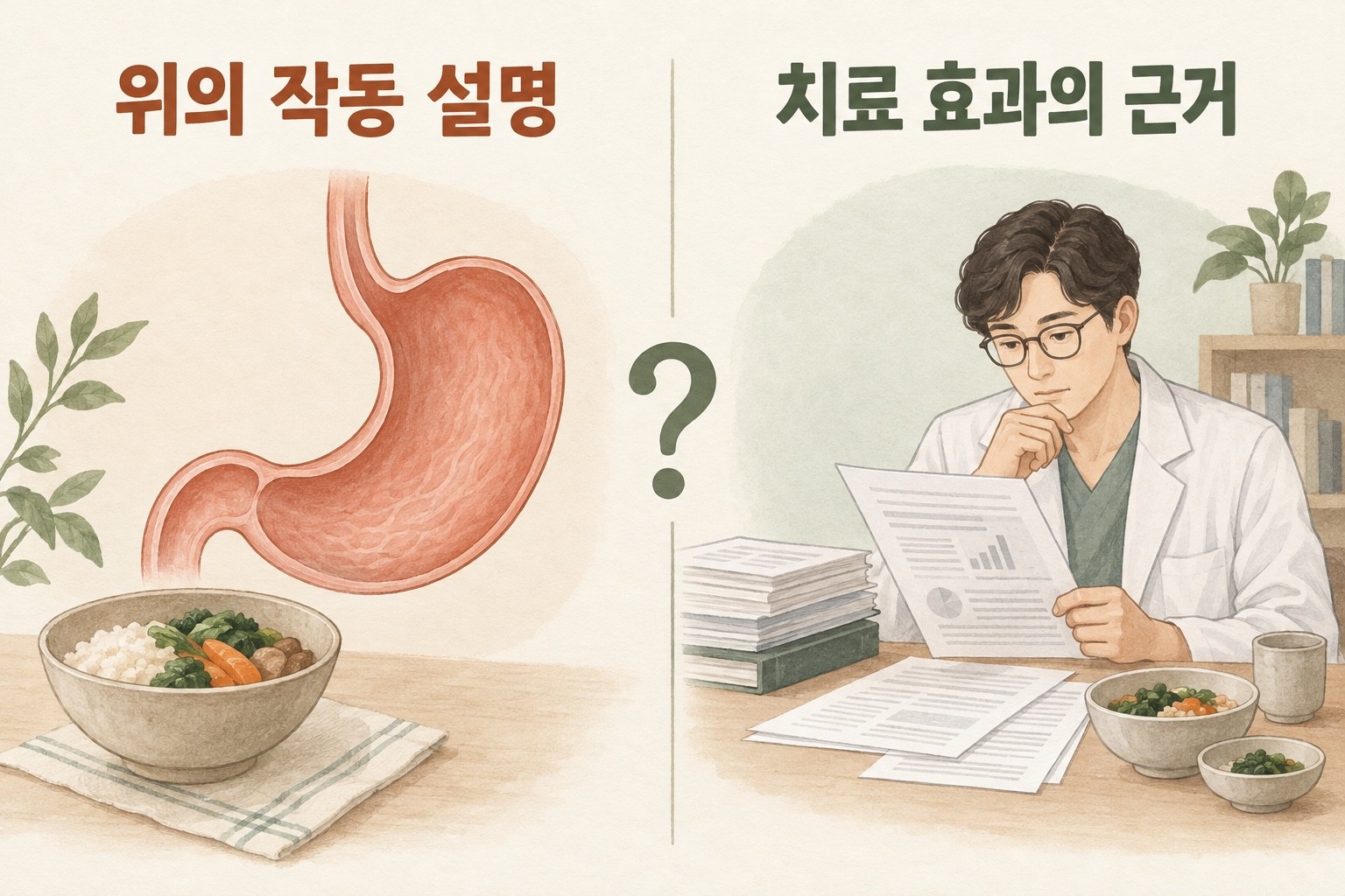 위의 작동 설명과 치료 효과의 근거를 서로 다른 질문으로 나누어 보여주는 설명 삽화