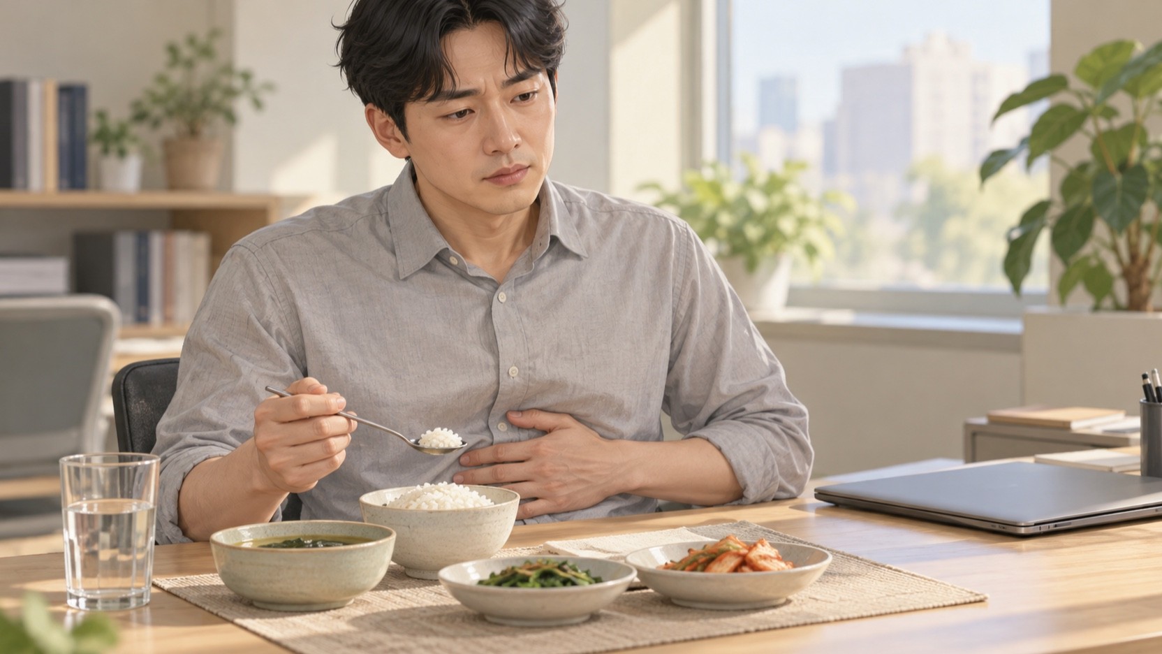 점심을 먹다 숟가락을 멈추고 명치 아래 불편을 짚는 모습