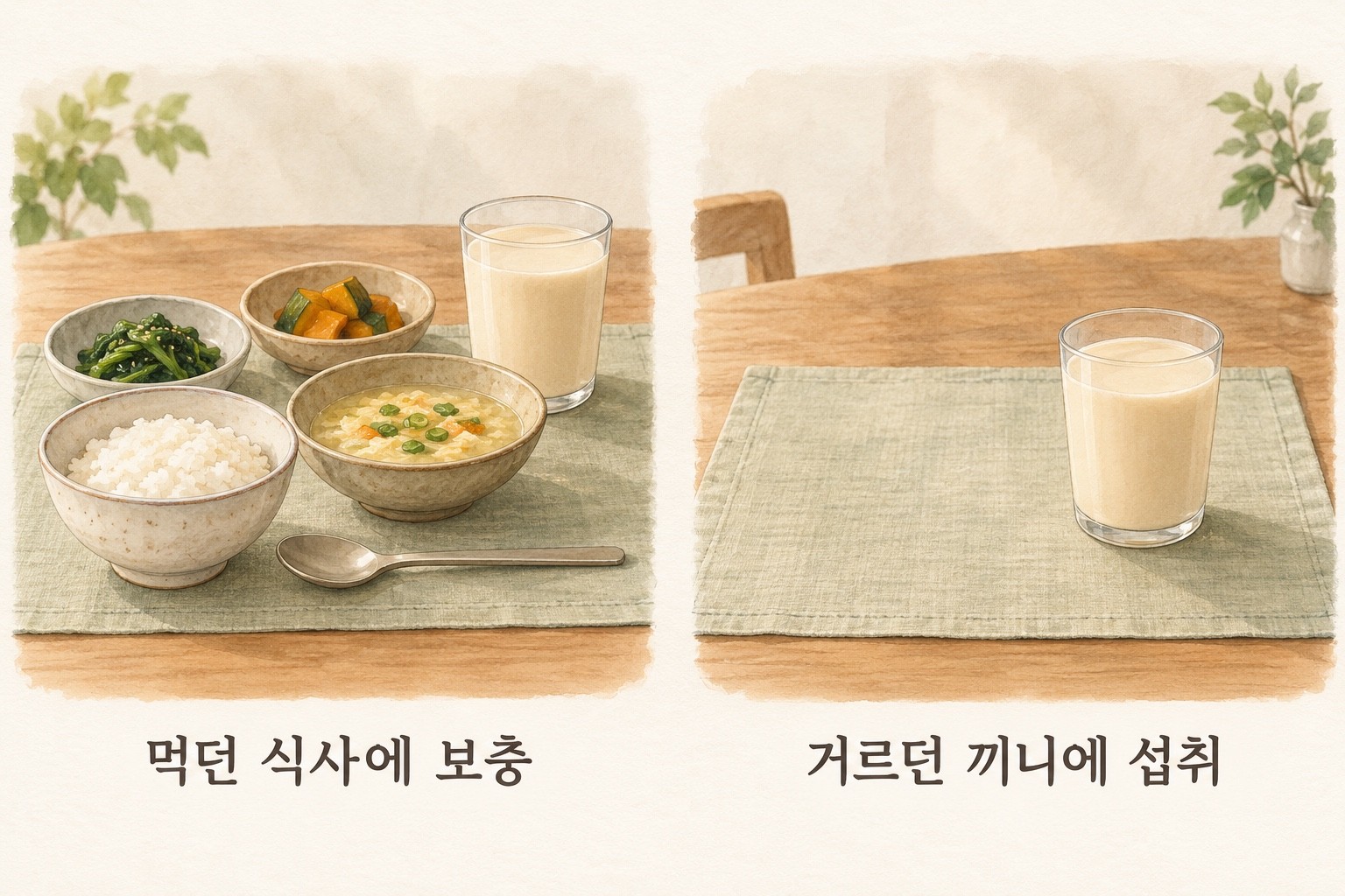 먹던 작은 식사에 영양 음료를 보충하는 장면과 이미 거르던 끼니에 음료로 섭취하는 장면