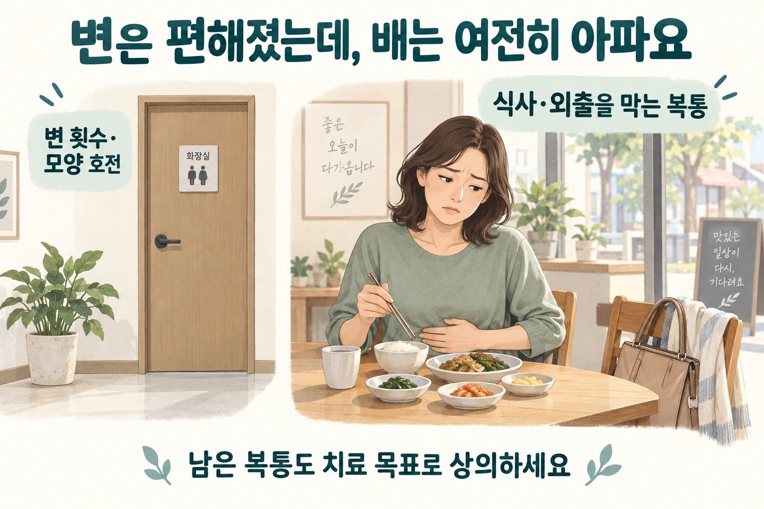 변의 횟수와 모양은 나아졌지만 복통 때문에 식사를 멈춘 성인을 표현한 설명 그림