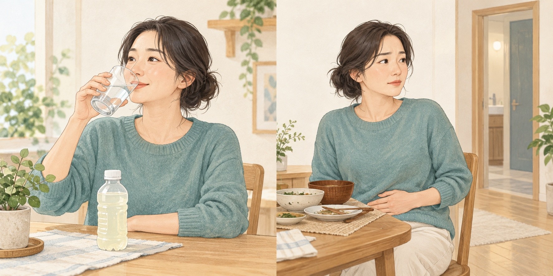 물을 마시는 모습과 식후 배가 불편해 화장실 쪽을 보는 모습