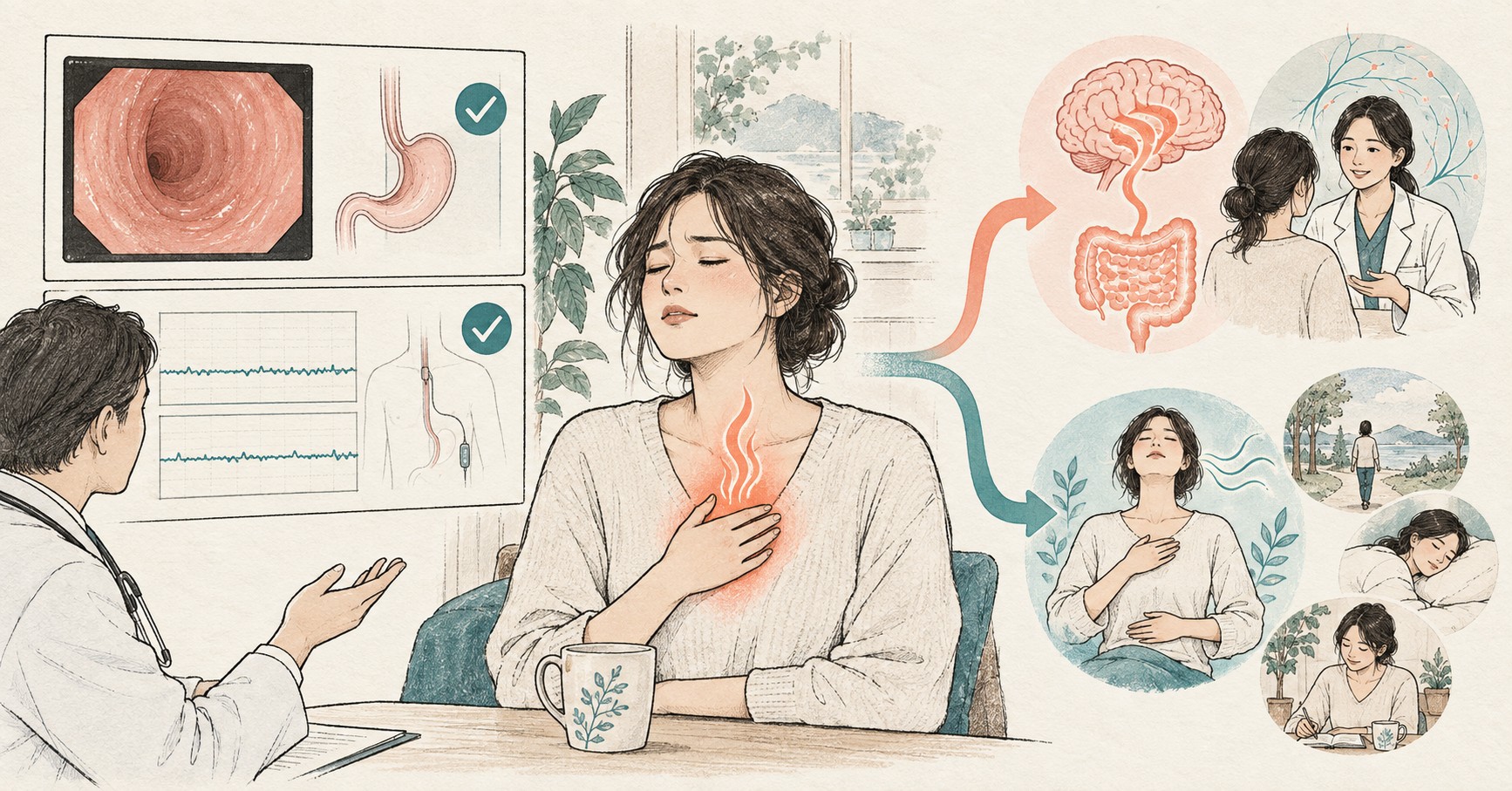 정상 내시경과 산도검사 뒤에도 남은 가슴쓰림에서 치료 표적이 위산 억제와 감각 조절로 갈리는 흐름