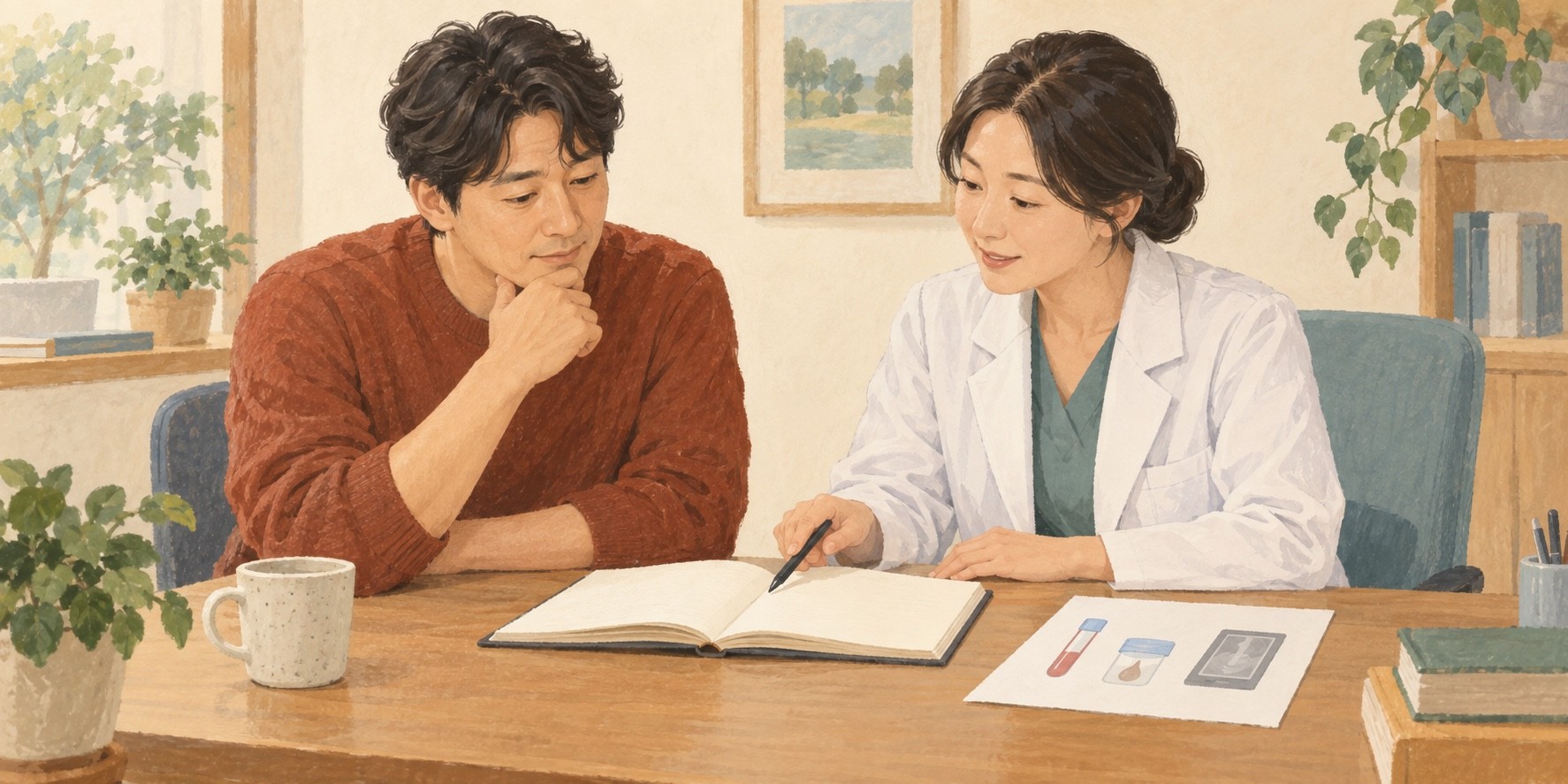 환자와 의료진이 증상 기록과 별도의 검사 자료를 함께 살펴보는 진료 상담 그림