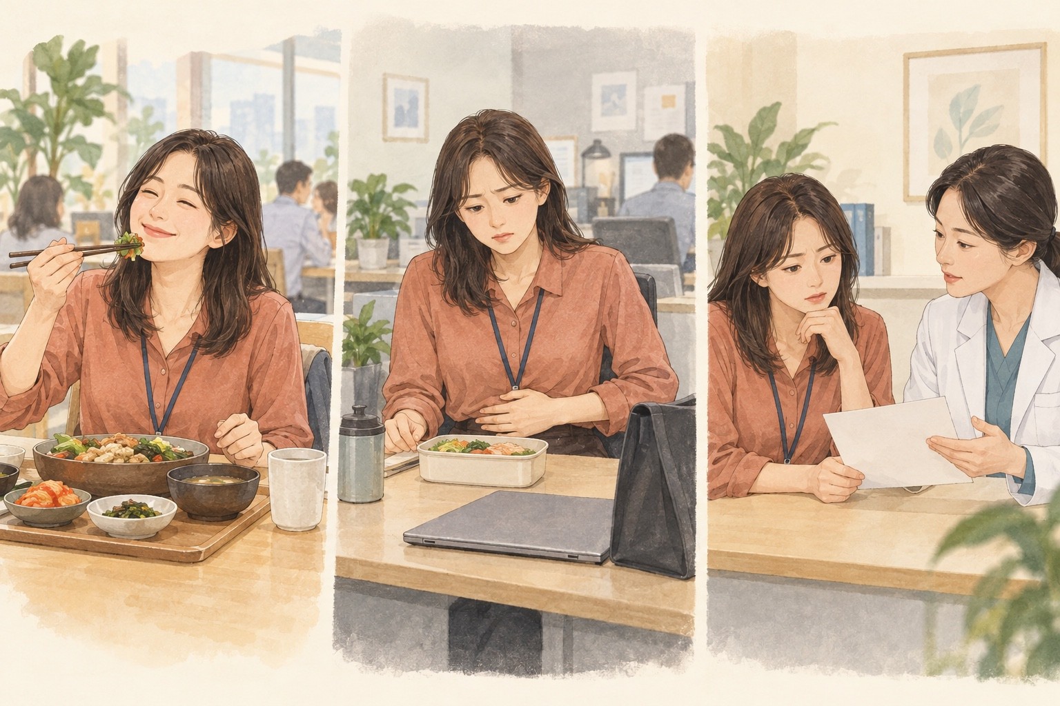 이전에 식사가 편해졌다가 다시 복부 불편으로 점심이 어려워져 의료진과 상담하는 성인의 설명 그림