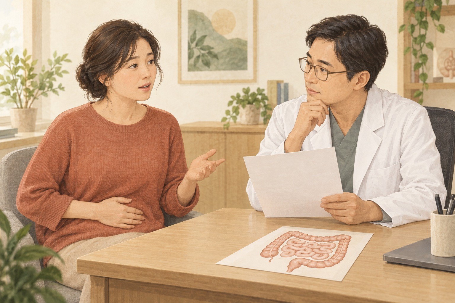 검사 결과지와 소장·대장 개념 그림을 놓고 배변과 식사 불편을 함께 설명하는 가상 상담 장면