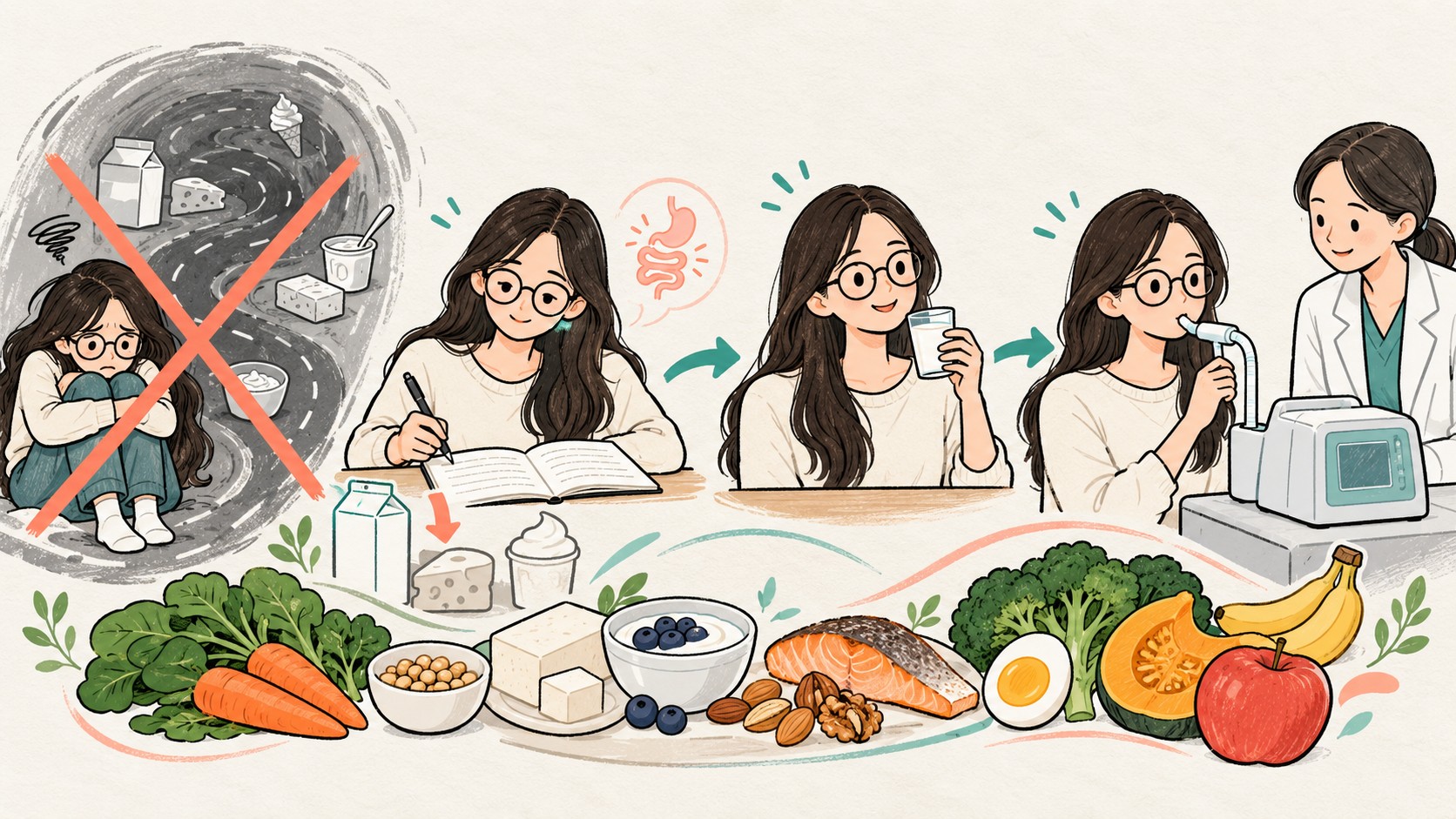 우유 뒤 증상을 기록하고 유당을 재도전한 뒤 수소호흡검사와 비교하는 일러스트
