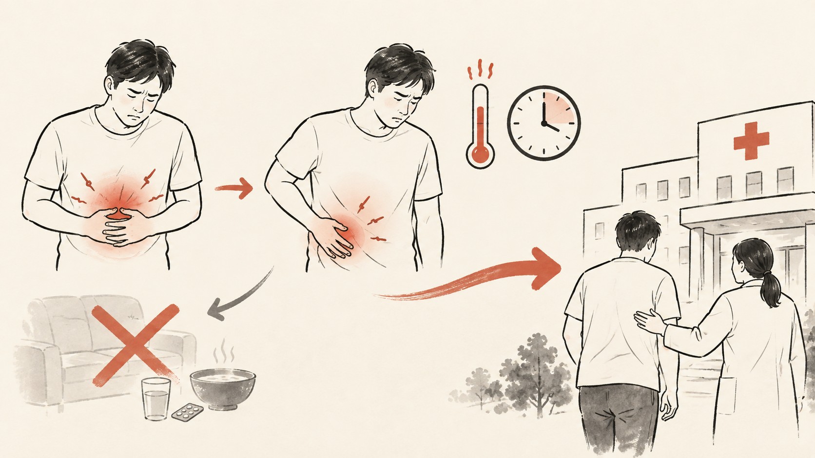 배꼽 주변 통증이 오른쪽 아랫배로 이동하고 발열이 겹쳐 의료기관으로 향하는 판단 흐름