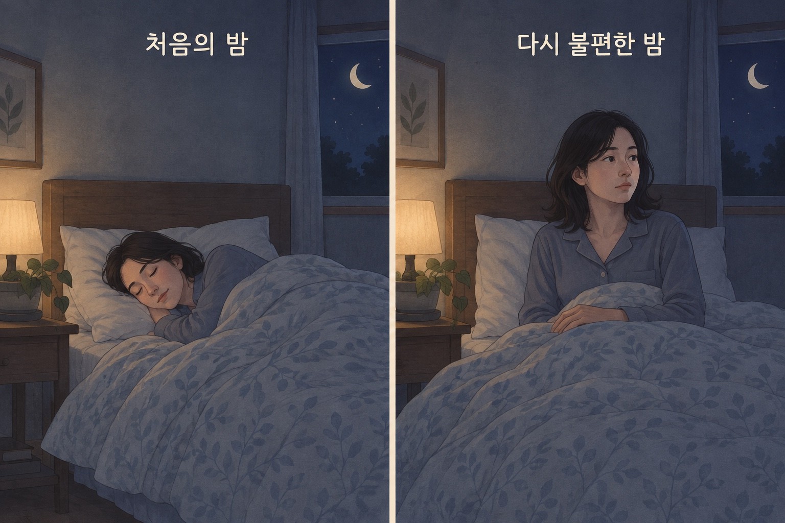 같은 침실에서 처음에는 잠들어 있다가 이후에는 다시 잠을 깨고 앉아 있는 성인의 두 야간 장면