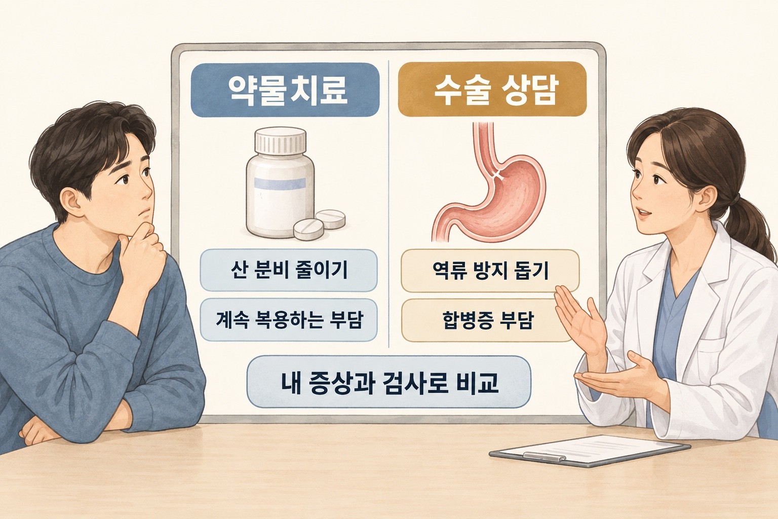 환자와 의료진 옆 비교판에 약물치료의 산 분비 감소·계속 복용 부담과 수술 상담의 역류 방지·합병증 부담이 표시된 그림