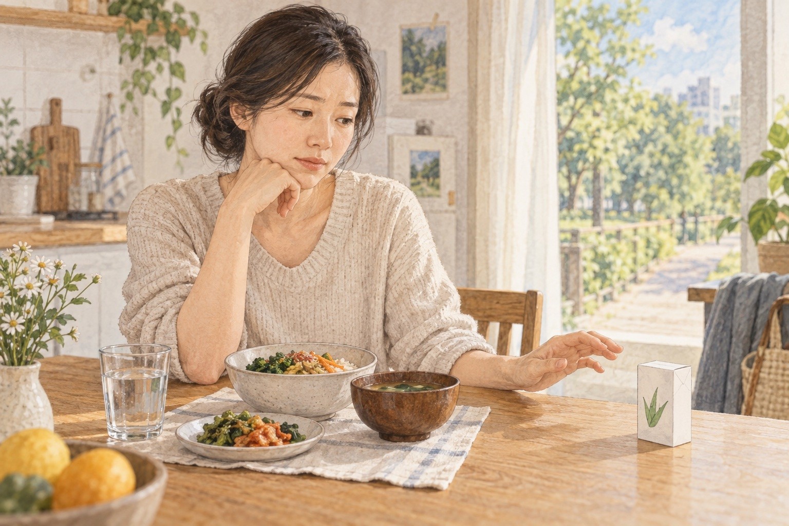 집에서 알로에 표시가 있는 작은 미개봉 제품 앞에 손을 멈추고 생각하는 성인