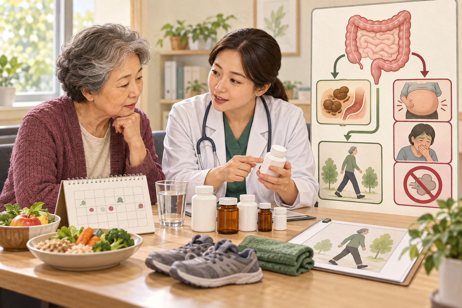 고령 환자와 의료진이 약 목록, 식사, 활동 변화와 변비 경고 신호를 함께 검토하는 장면