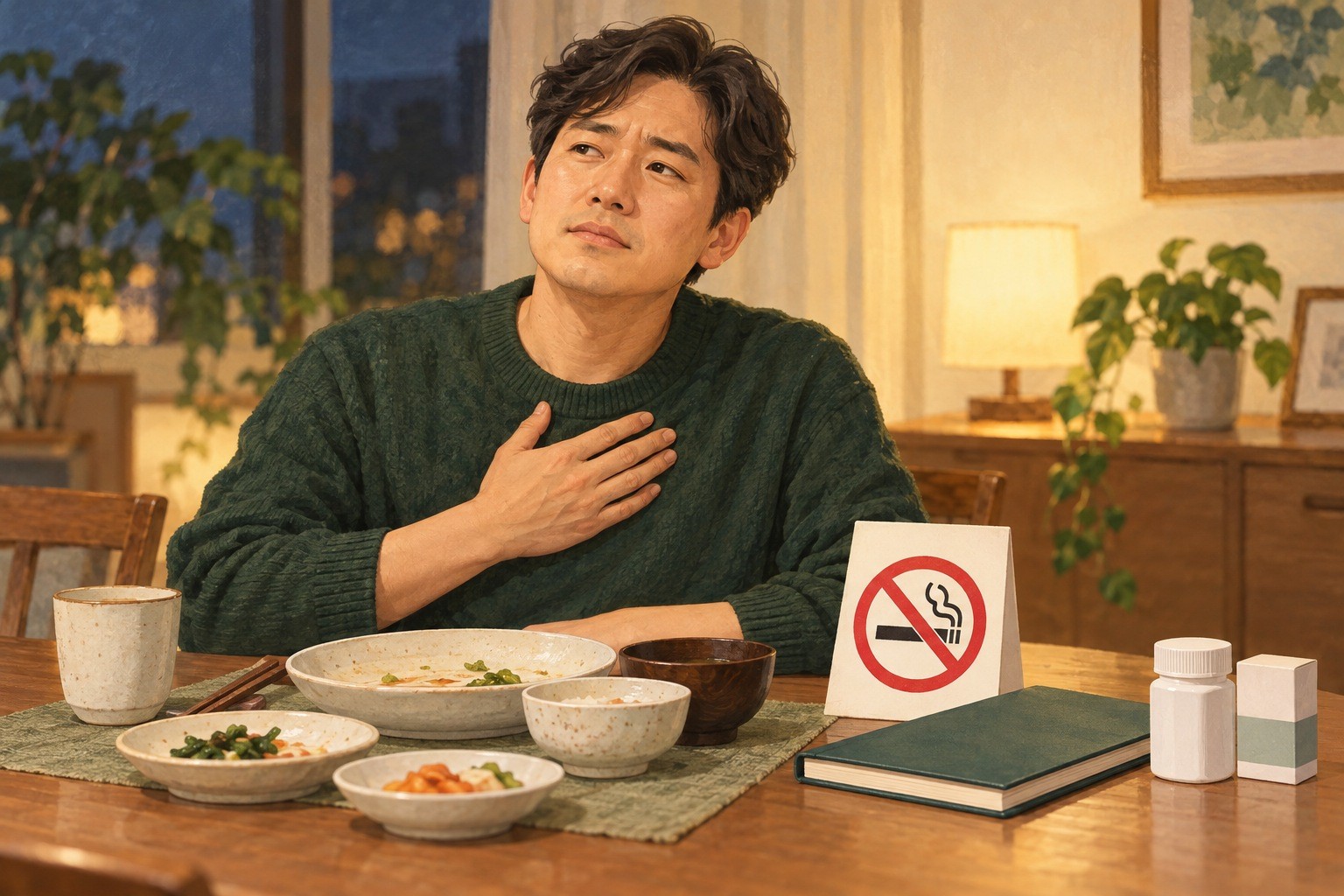 금연 표지를 둔 식탁에서 식후 쓰림을 느끼며 진료에 가져갈 약과 수첩을 준비한 사람