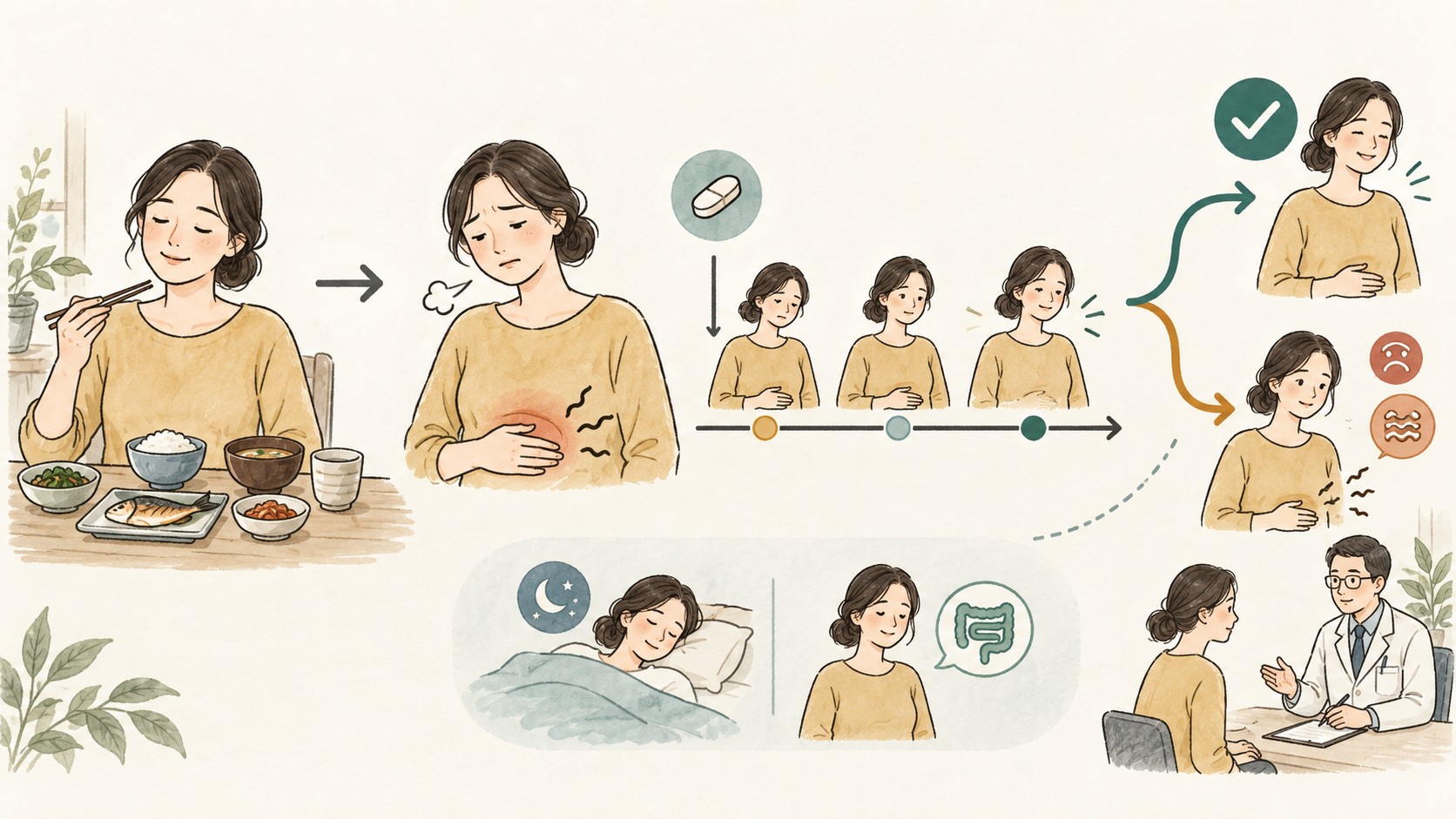 위장운동촉진제 복용 전후의 식사량과 식후 불편을 비교해 유지 또는 재평가로 나누는 흐름