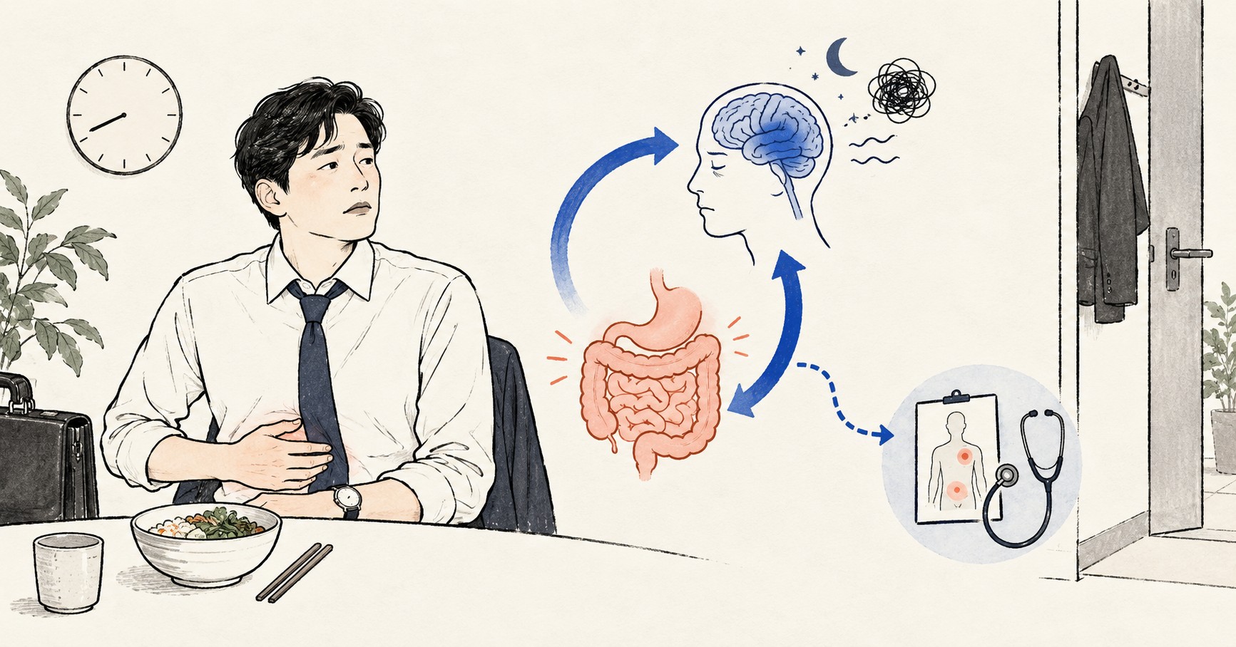 외출을 앞둔 사람이 복부를 짚고 장과 뇌 사이의 양방향 신호와 별도 진료 경로를 확인하는 의료 일러스트