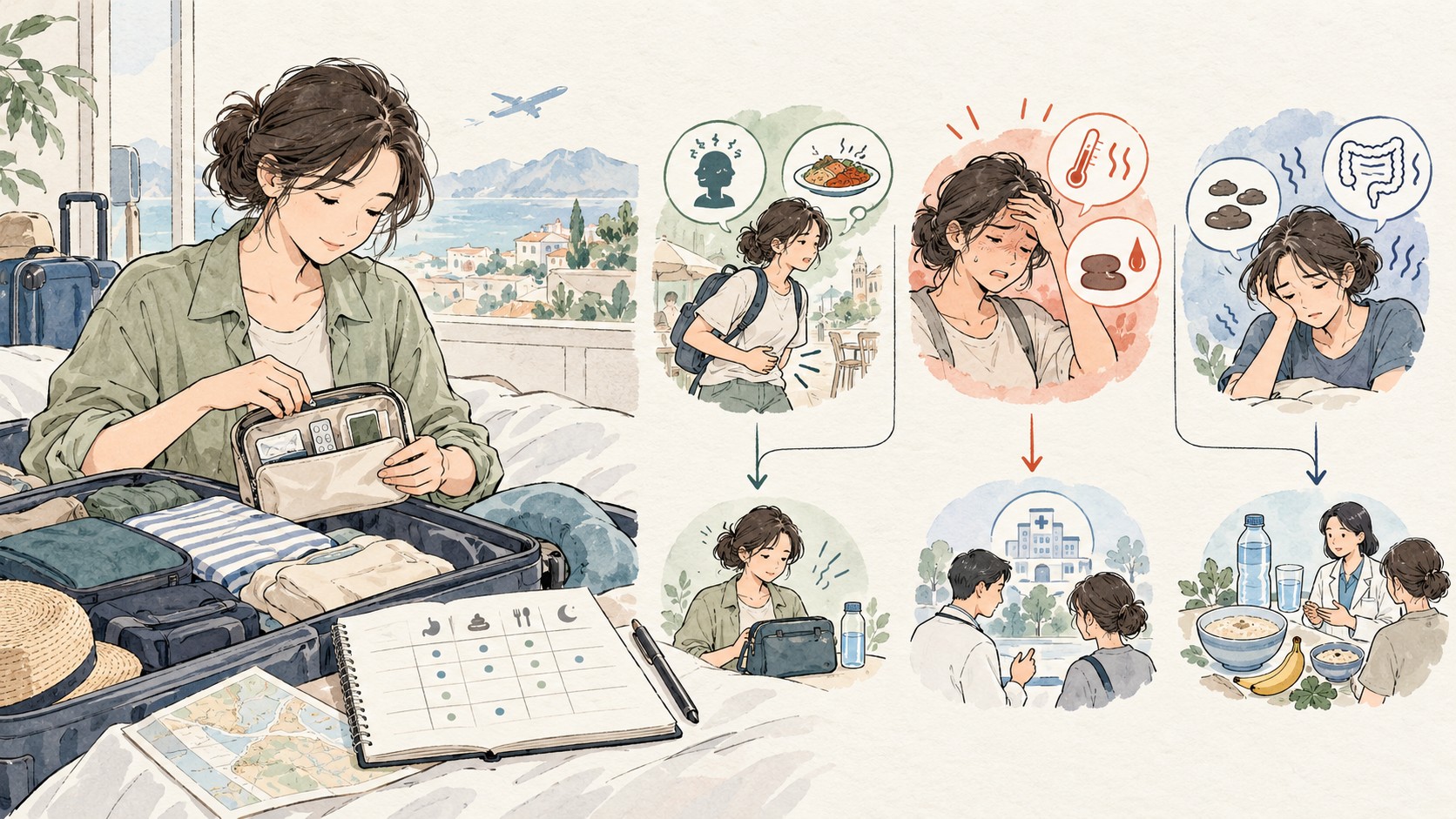 여행을 준비하는 IBS 환자가 평소 급박변, 발열·혈변, 지속 설사의 세 갈래를 구분하는 의료 일러스트