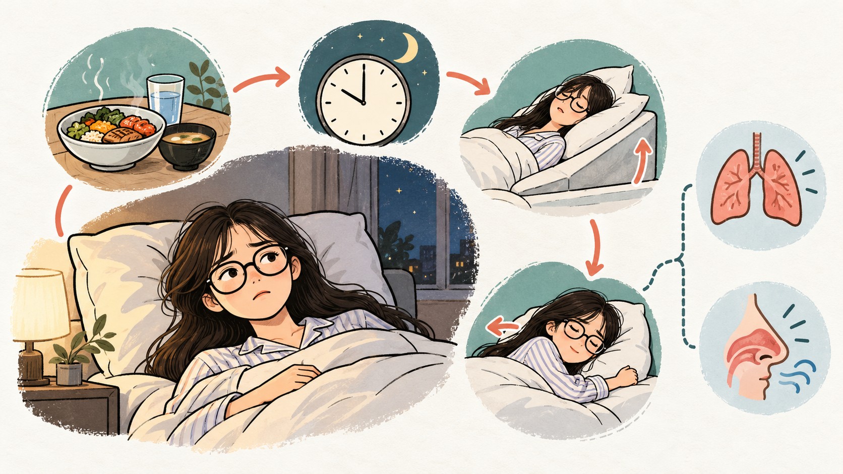 저녁 식사 시각과 침상 머리 올리기, 왼쪽 수면을 비교하며 야간기침 원인을 나누는 일러스트