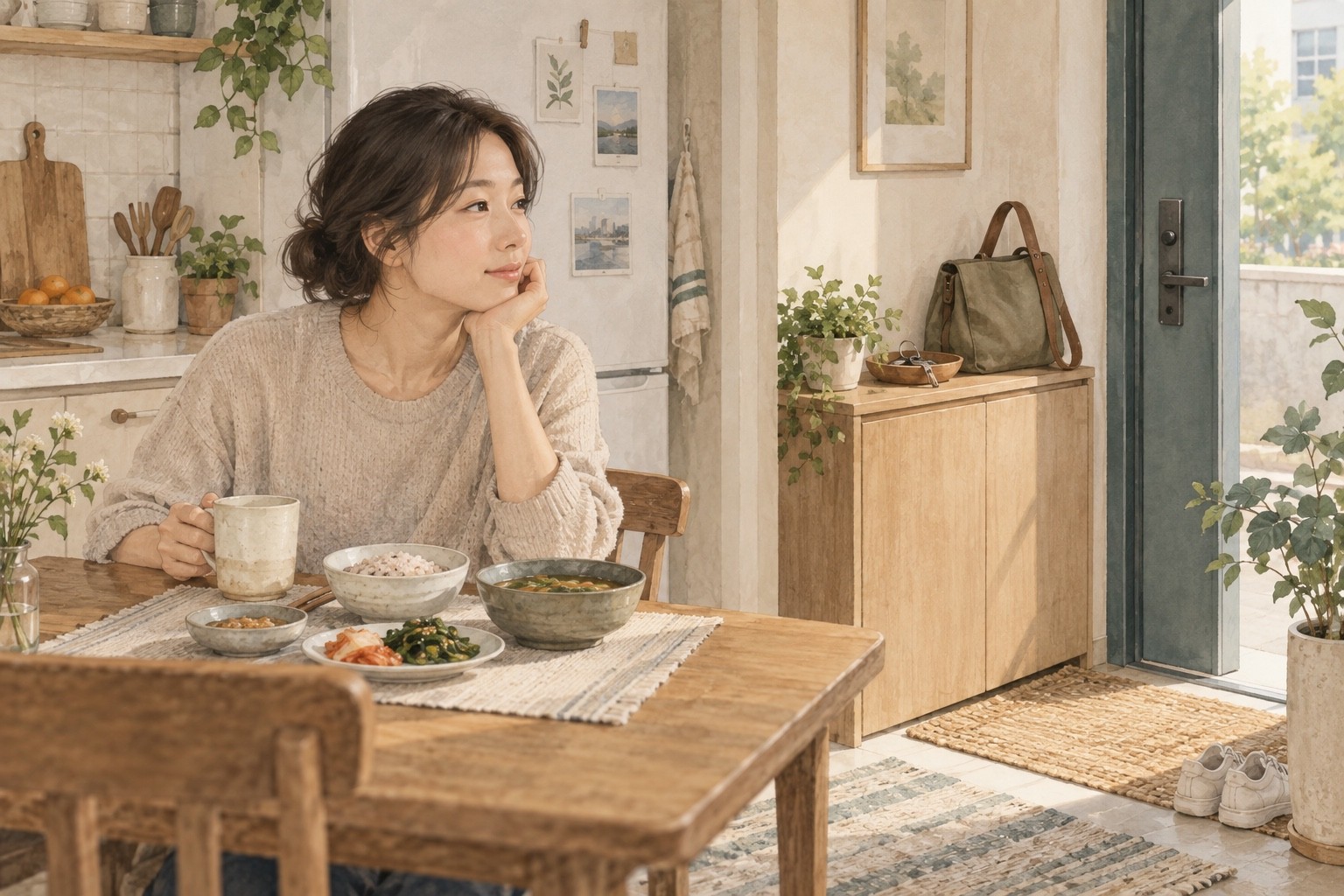 외출 준비를 해 둔 사람이 식탁의 한 끼 앞에 앉아 있는 설명 그림