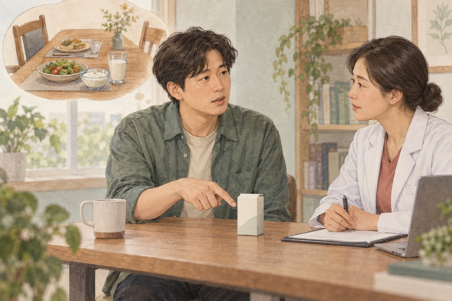평범한 제품 상자를 가리키며 의료진과 상담하는 성인과 함께 식사하고 싶은 모습을 나타낸 작은 삽화