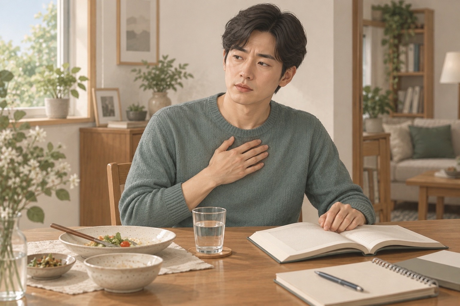 식사를 마친 뒤 책을 읽다 잠시 멈추고 가슴 부근에 손을 얹은 성인