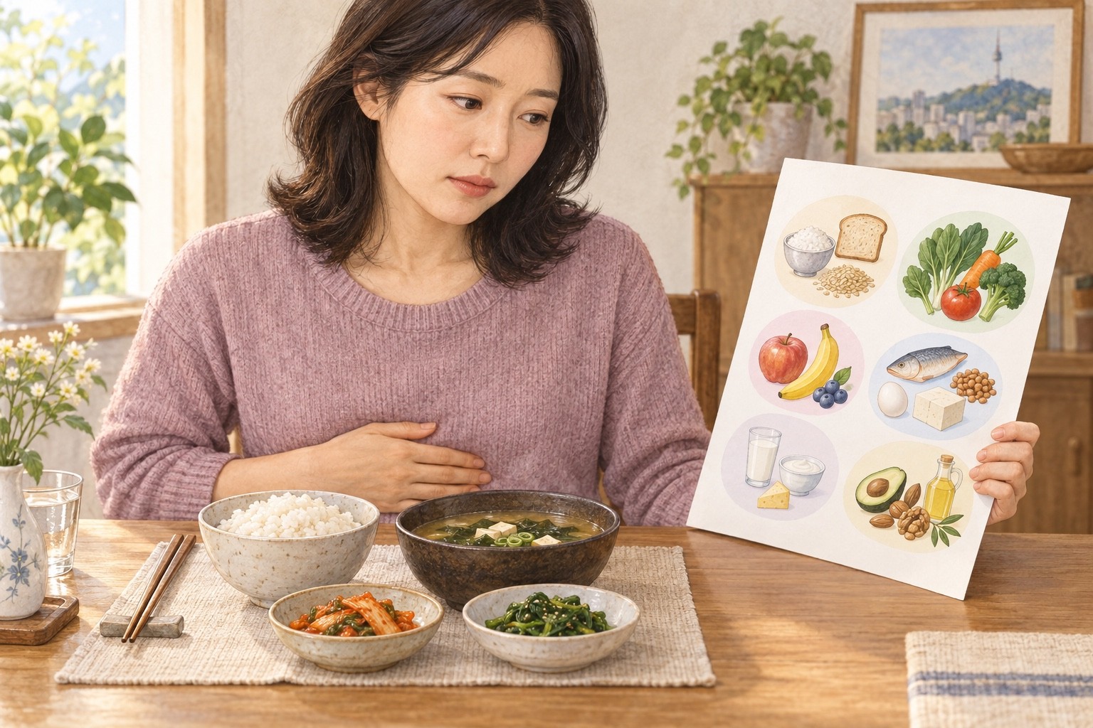 윗배에 손을 얹은 성인이 식탁의 식사와 음식군 안내문을 함께 살펴보는 합성 삽화