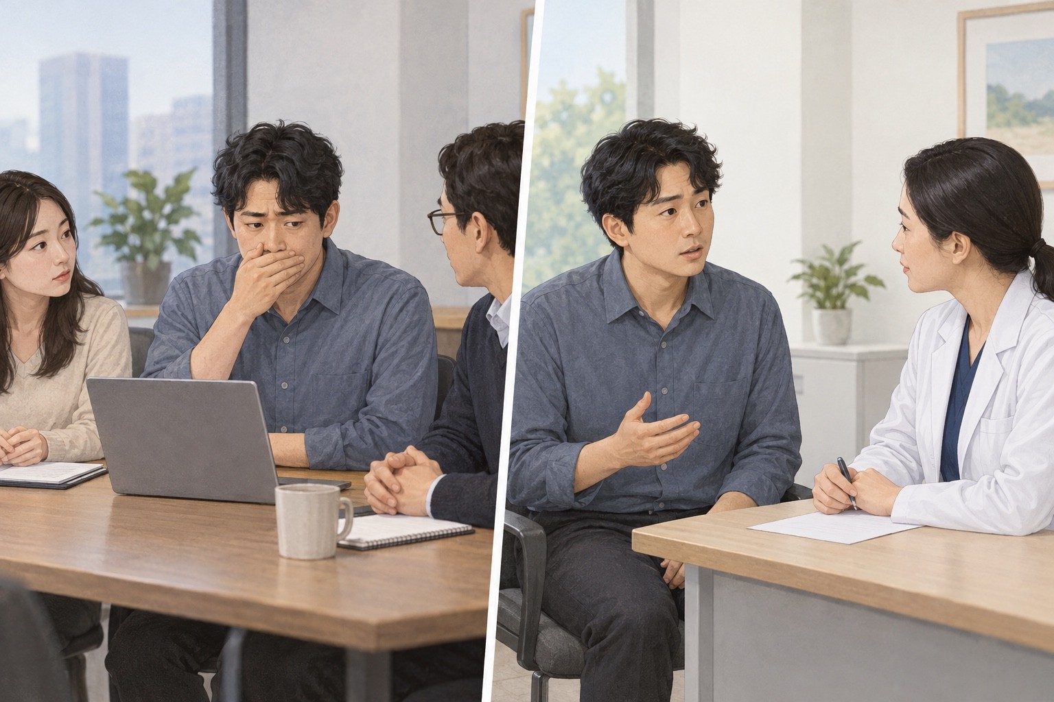 회의에서 말을 멈추는 성인과 같은 성인이 의료진에게 치료를 상담하는 두 장면
