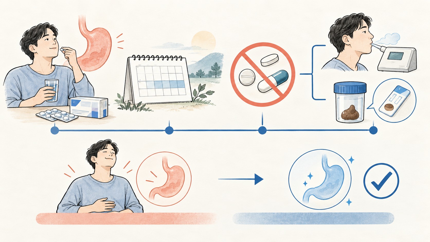 헬리코박터 치료 종료 후 기다림과 약 조정, 제균 확인 검사로 이어지는 시간축 일러스트