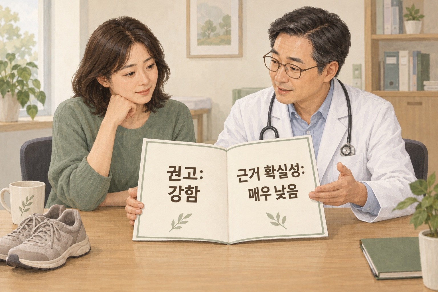 유산소 활동 권고의 강도와 근거 확실성을 서로 다른 항목으로 읽으며 상담하는 설명 그림