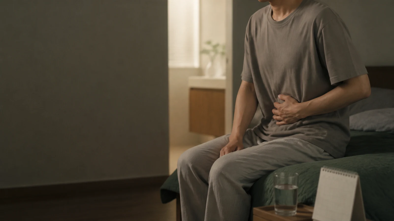 이른 아침 침대 가장자리에 앉아 아랫배를 짚고 있는 성인의 부분 모습