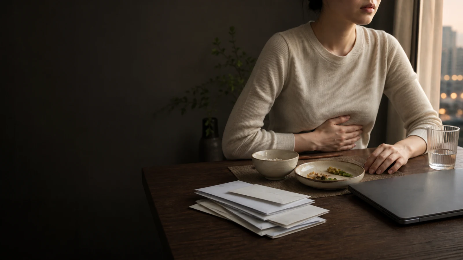 먹다 남은 식사와 검사 봉투 옆에서 명치 부위를 짚고 있는 직장인의 부분 모습