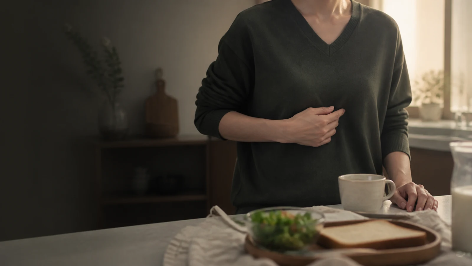 주방 앞에서 명치 중앙을 정확히 짚고 있는 성인의 부분 모습